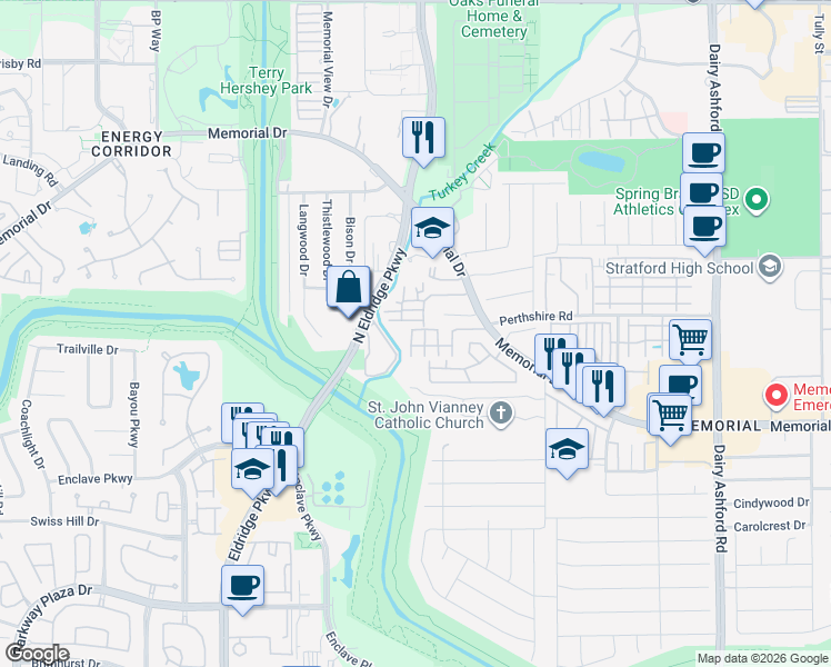 map of restaurants, bars, coffee shops, grocery stores, and more near 15027 Turkey Trail Court in Houston