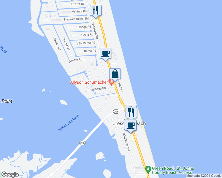 map of restaurants, bars, coffee shops, grocery stores, and more near 6634 Madison Street in Saint Augustine