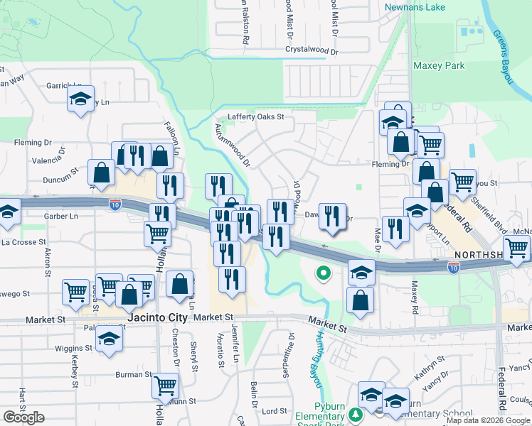 map of restaurants, bars, coffee shops, grocery stores, and more near 820 Autumn Wood Drive in Houston