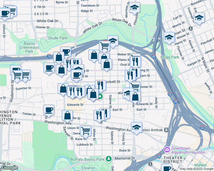 map of restaurants, bars, coffee shops, grocery stores, and more near 1801 Crockett Street in Houston