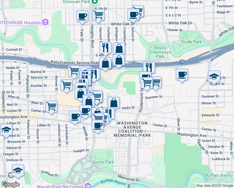 map of restaurants, bars, coffee shops, grocery stores, and more near 1401 Lakin Street in Houston