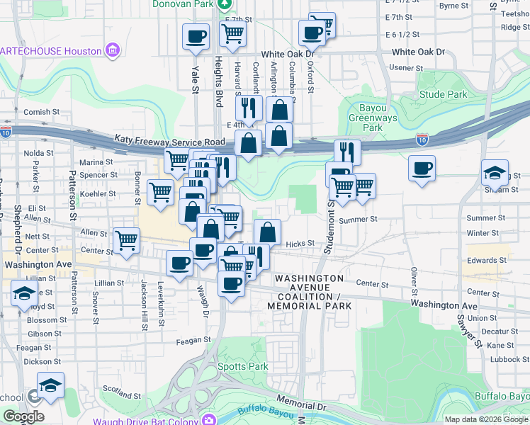 map of restaurants, bars, coffee shops, grocery stores, and more near 1401 Lakin Street in Houston