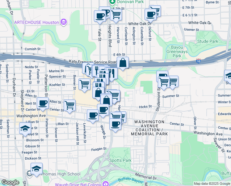 map of restaurants, bars, coffee shops, grocery stores, and more near 190 Heights Boulevard in Houston