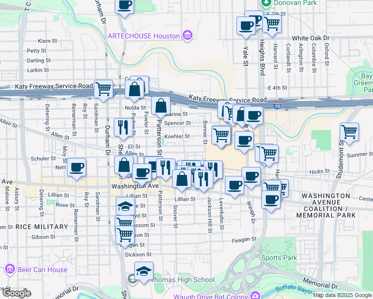 map of restaurants, bars, coffee shops, grocery stores, and more near 4306 Eli Street in Houston