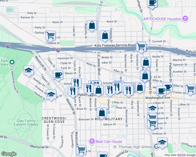 map of restaurants, bars, coffee shops, grocery stores, and more near 1406 Asbury Street in Houston