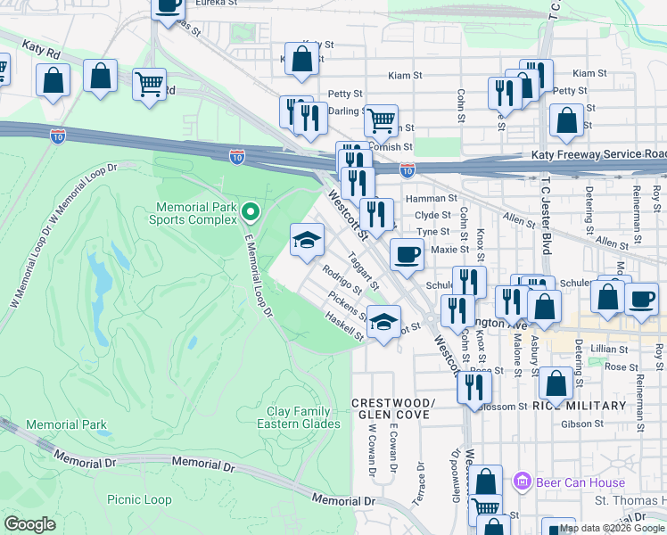 map of restaurants, bars, coffee shops, grocery stores, and more near 6518 Rodrigo Street in Houston