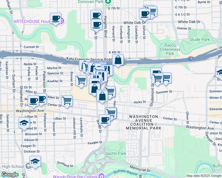 map of restaurants, bars, coffee shops, grocery stores, and more near 190 Heights Boulevard in Houston