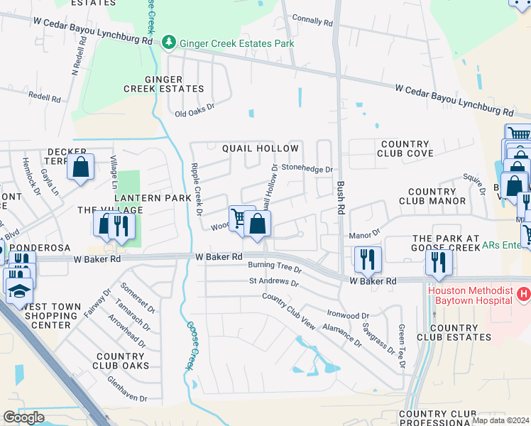 map of restaurants, bars, coffee shops, grocery stores, and more near 4602 Quail Hollow Drive in Baytown