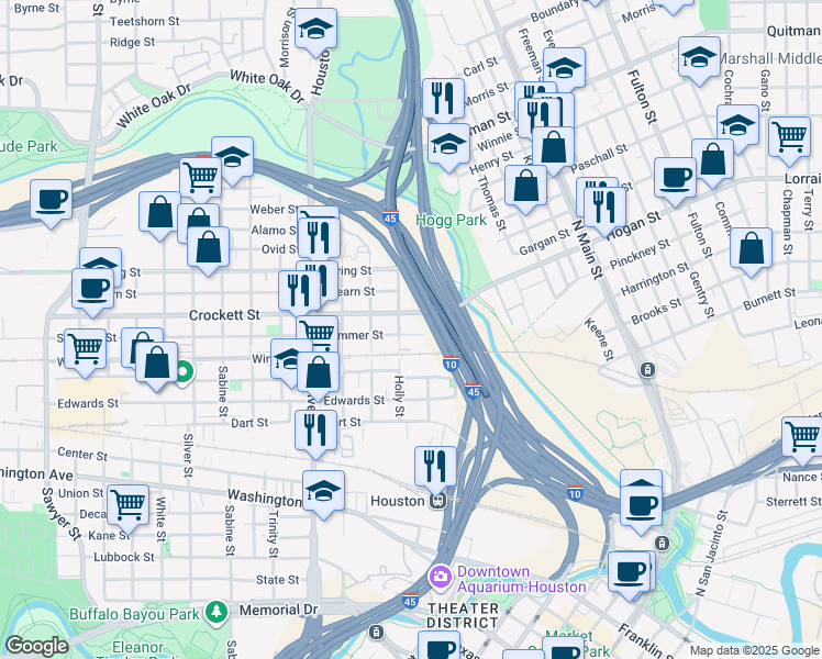 map of restaurants, bars, coffee shops, grocery stores, and more near 1114 Summer Street in Houston
