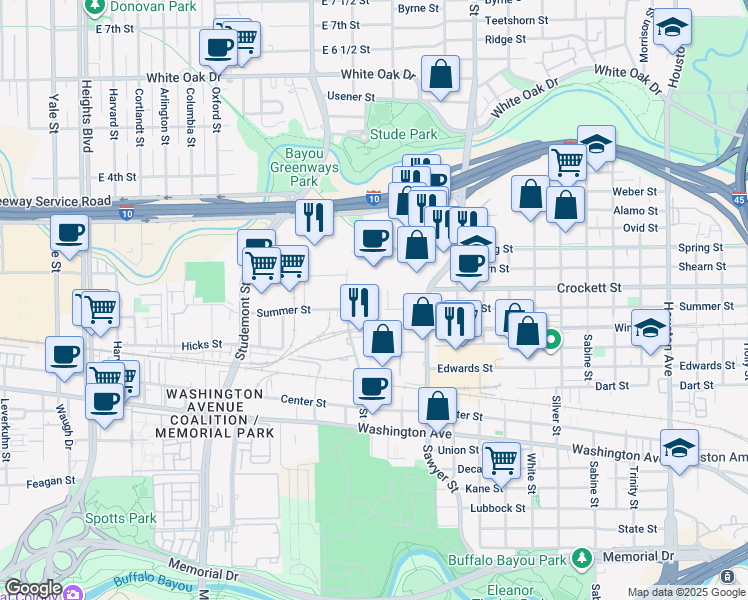 map of restaurants, bars, coffee shops, grocery stores, and more near 2500 Summer Street in Houston