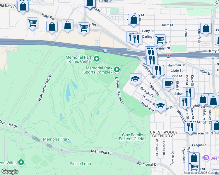map of restaurants, bars, coffee shops, grocery stores, and more near 1001 East Memorial Loop Drive in Houston