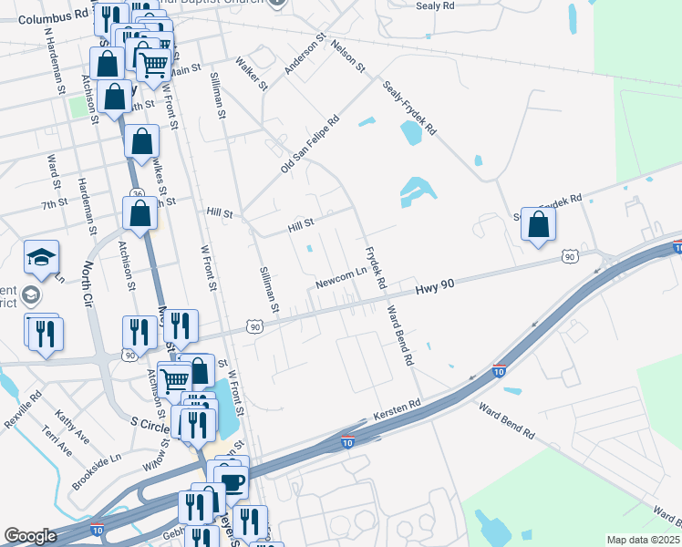 map of restaurants, bars, coffee shops, grocery stores, and more near 347 Newcom Lane in Sealy