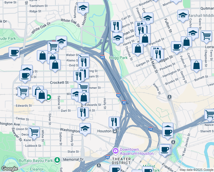 map of restaurants, bars, coffee shops, grocery stores, and more near 1114 Summer Street in Houston