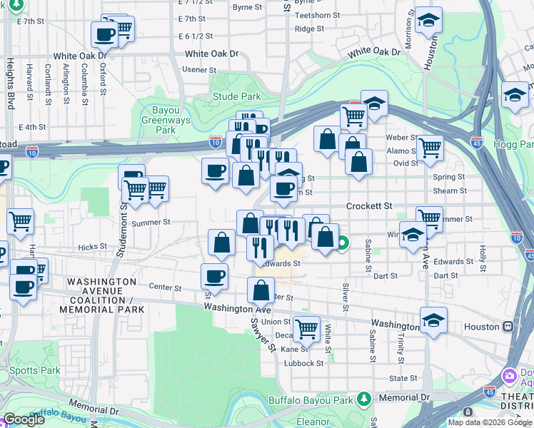 map of restaurants, bars, coffee shops, grocery stores, and more near 2301 Crockett Street in Houston