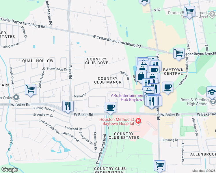 map of restaurants, bars, coffee shops, grocery stores, and more near 4507 Prince Street in Baytown