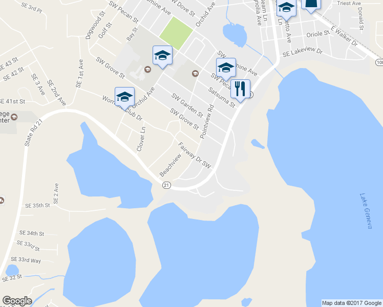 map of restaurants, bars, coffee shops, grocery stores, and more near 210 Fairway Drive Southwest in Keystone Heights