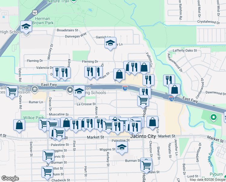 map of restaurants, bars, coffee shops, grocery stores, and more near 10822 East Freeway Service Road in Jacinto City