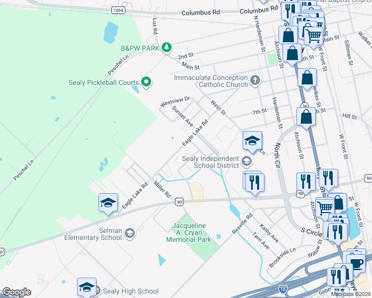 map of restaurants, bars, coffee shops, grocery stores, and more near 1224 Eagle Lake Rd in Sealy