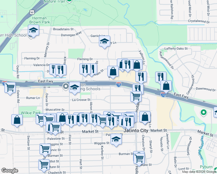 map of restaurants, bars, coffee shops, grocery stores, and more near 10822 East Freeway Service Road in Jacinto City