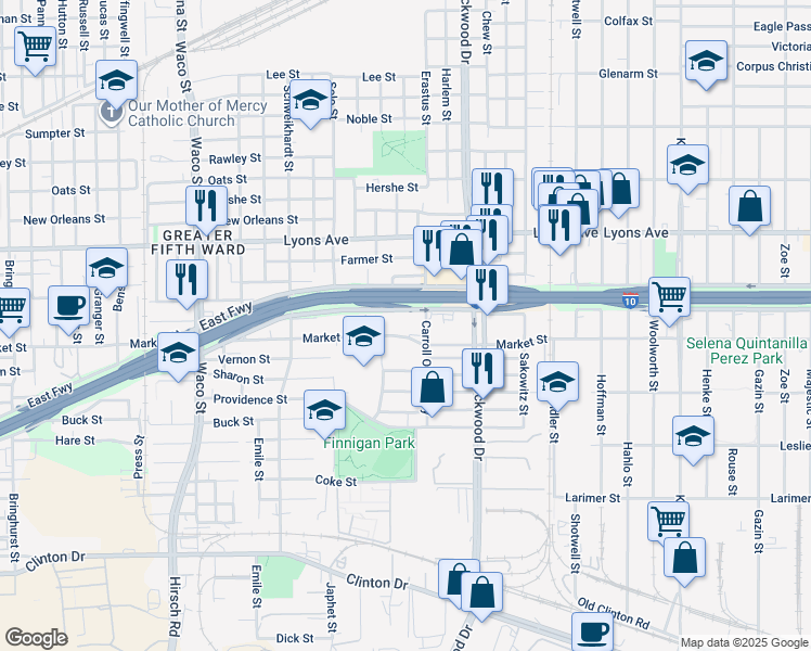 map of restaurants, bars, coffee shops, grocery stores, and more near 5204 East Freeway in Houston