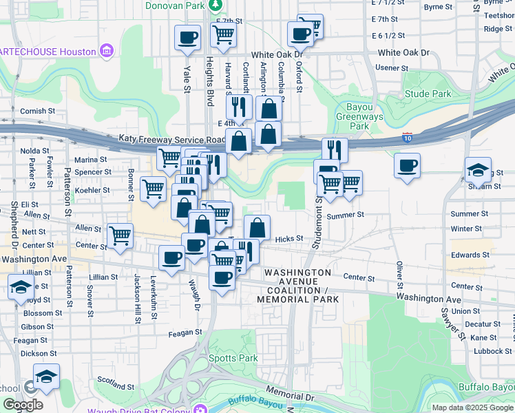 map of restaurants, bars, coffee shops, grocery stores, and more near 1401 Lakin Street in Houston