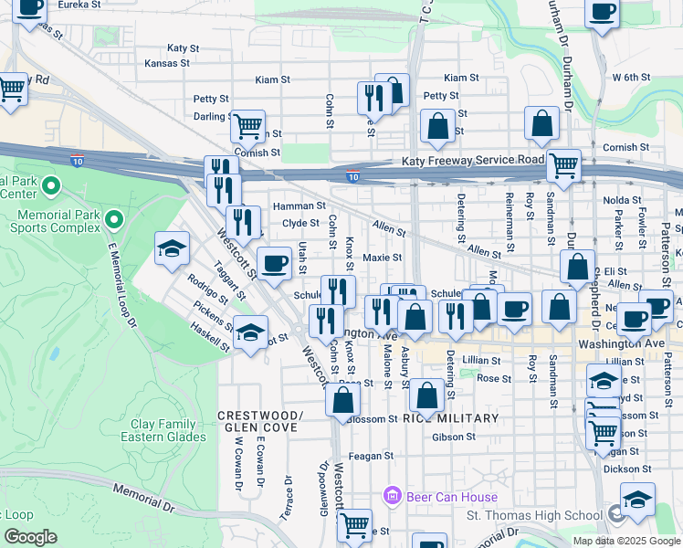 map of restaurants, bars, coffee shops, grocery stores, and more near 1414 Knox Street in Houston