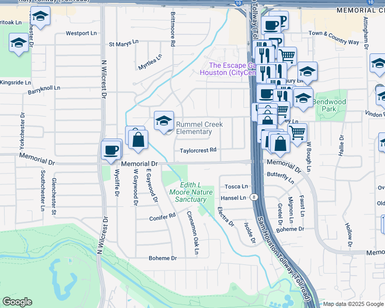 map of restaurants, bars, coffee shops, grocery stores, and more near 13031 Taylorcrest Road in Houston