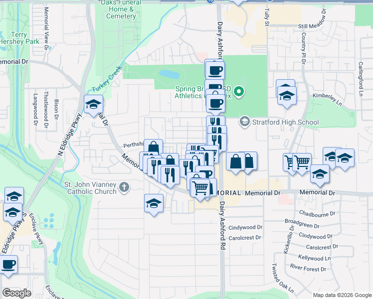 map of restaurants, bars, coffee shops, grocery stores, and more near 794 Thicket Lane in Houston