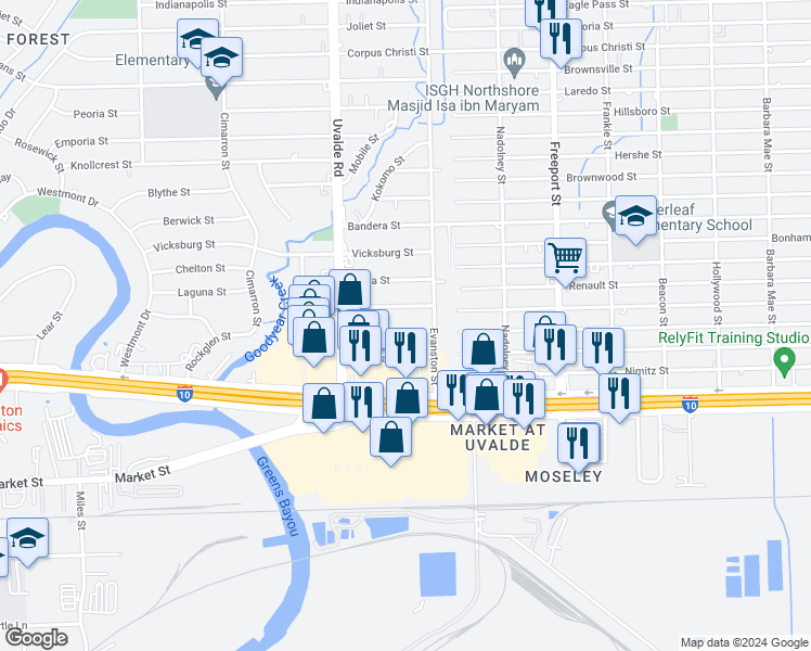 map of restaurants, bars, coffee shops, grocery stores, and more near 13513 Boise Street in Houston