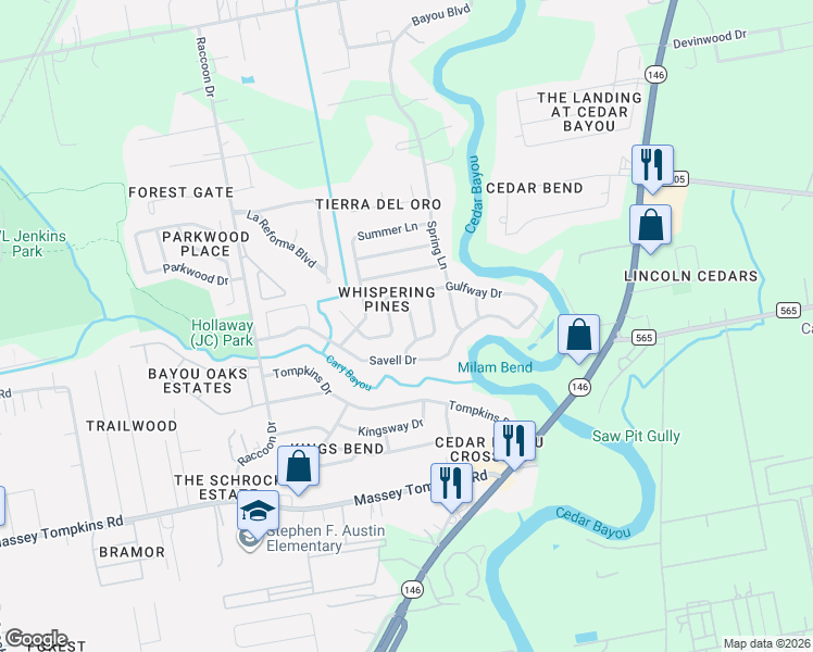 map of restaurants, bars, coffee shops, grocery stores, and more near 3703 Autumn Lane in Baytown