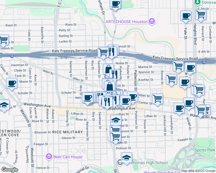 map of restaurants, bars, coffee shops, grocery stores, and more near 4820 Eli Street in Houston