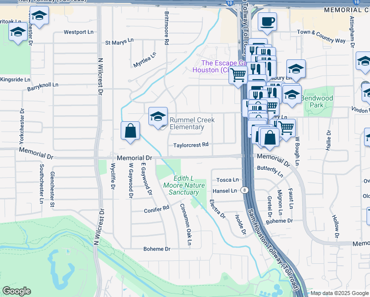 map of restaurants, bars, coffee shops, grocery stores, and more near 13031 Taylorcrest Road in Houston
