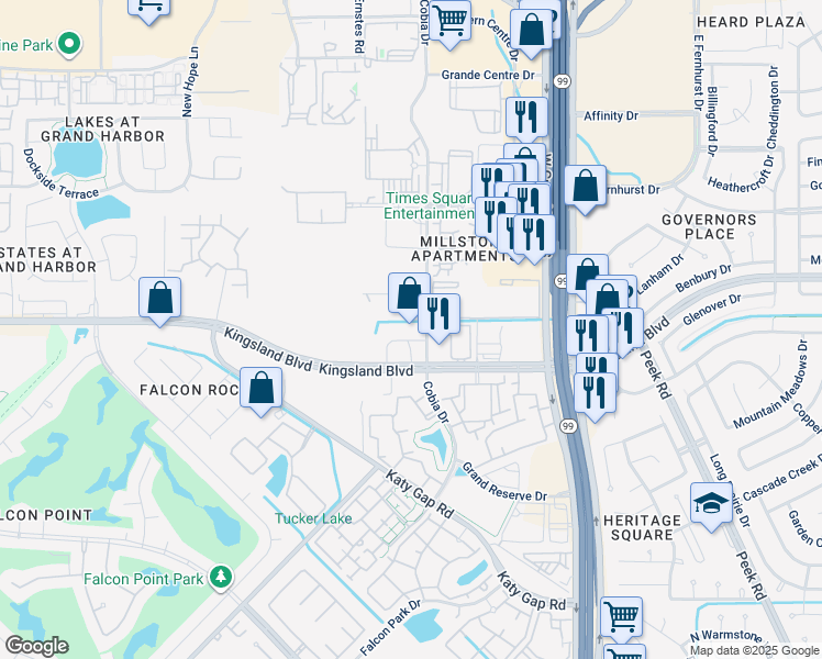map of restaurants, bars, coffee shops, grocery stores, and more near 23510 Kingsland Boulevard in Katy