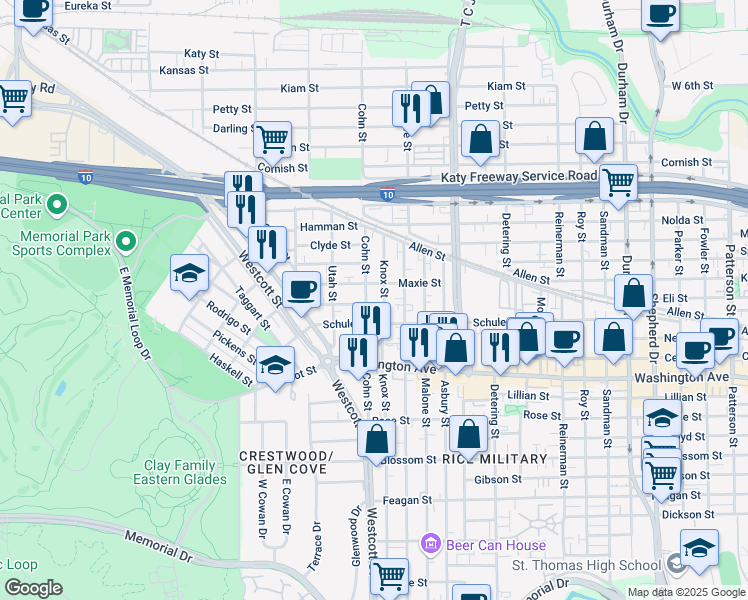 map of restaurants, bars, coffee shops, grocery stores, and more near 1414 Knox Street in Houston