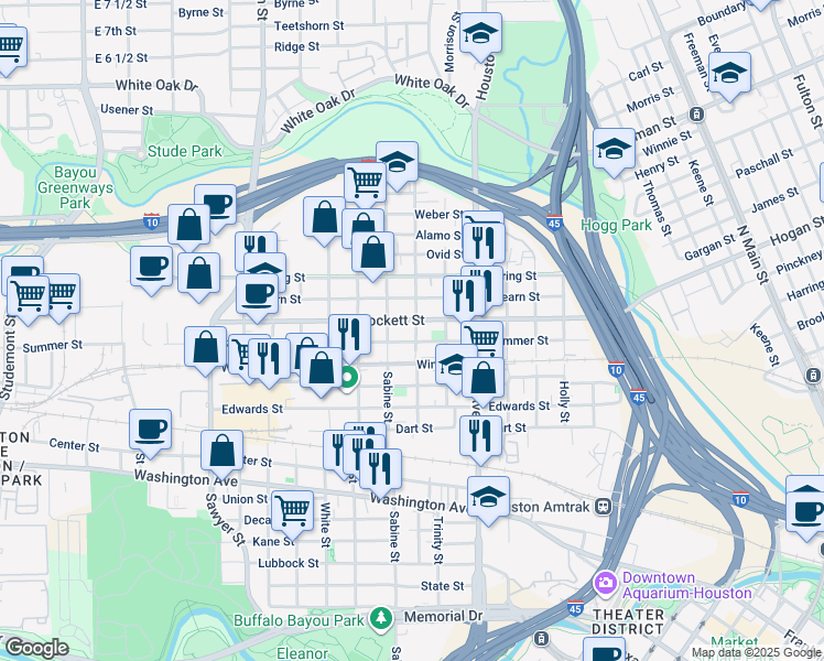 map of restaurants, bars, coffee shops, grocery stores, and more near 1717 Colorado Street in Houston