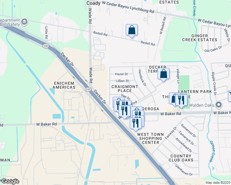 map of restaurants, bars, coffee shops, grocery stores, and more near 5414 Vae Drive in Baytown