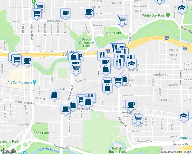 map of restaurants, bars, coffee shops, grocery stores, and more near 1701 Oliver Street in Houston
