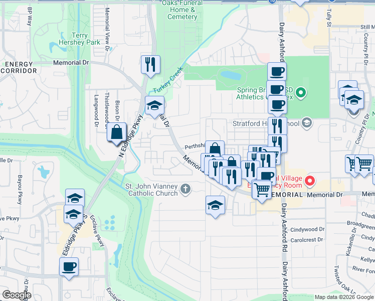 map of restaurants, bars, coffee shops, grocery stores, and more near 14919 Perthshire Road in Houston