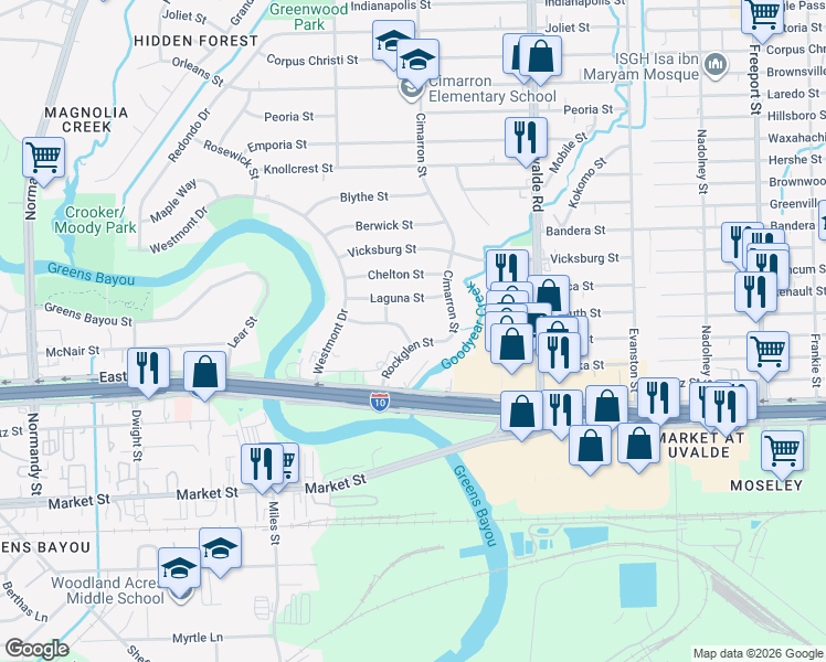 map of restaurants, bars, coffee shops, grocery stores, and more near 13221 Candlewick Street in Houston