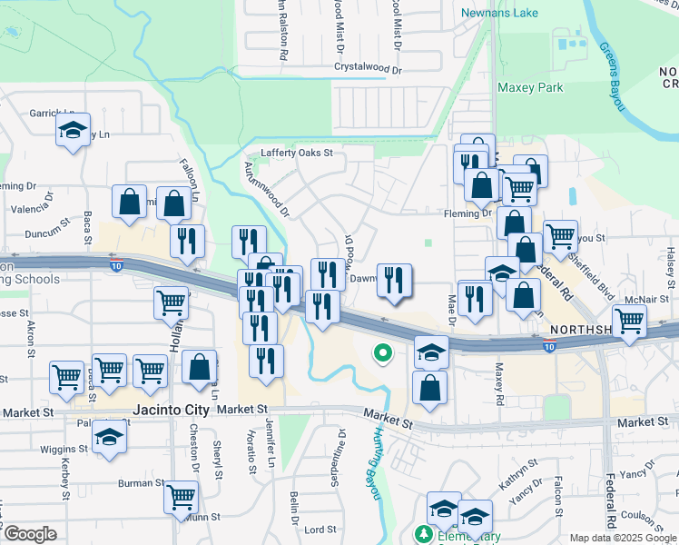 map of restaurants, bars, coffee shops, grocery stores, and more near 930 Centerwood Drive in Houston