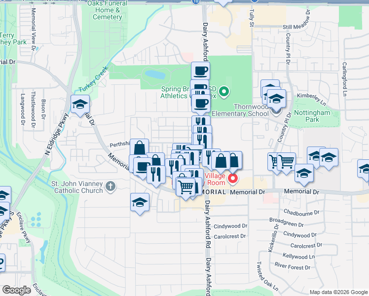 map of restaurants, bars, coffee shops, grocery stores, and more near 14739 Perthshire Road in Houston