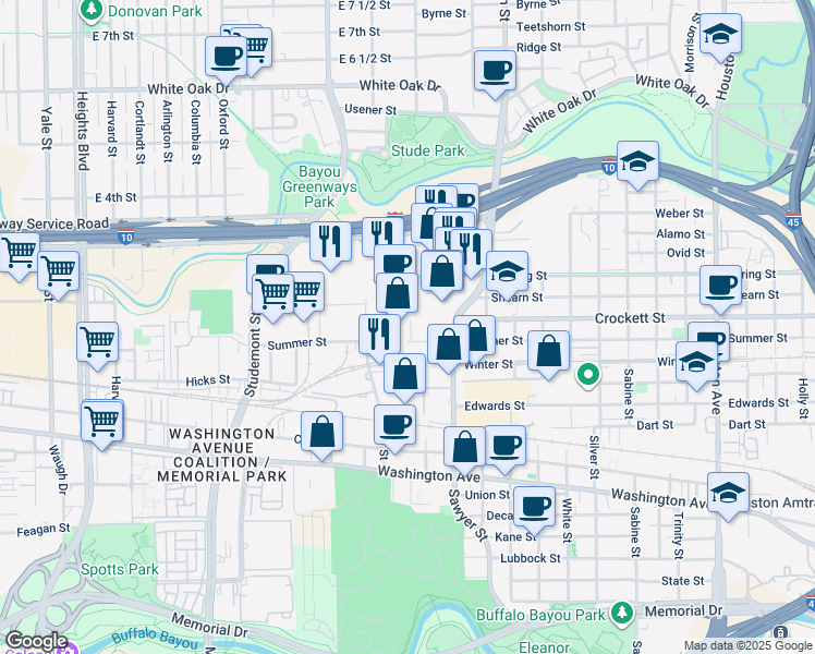 map of restaurants, bars, coffee shops, grocery stores, and more near 2500 Summer Street in Houston