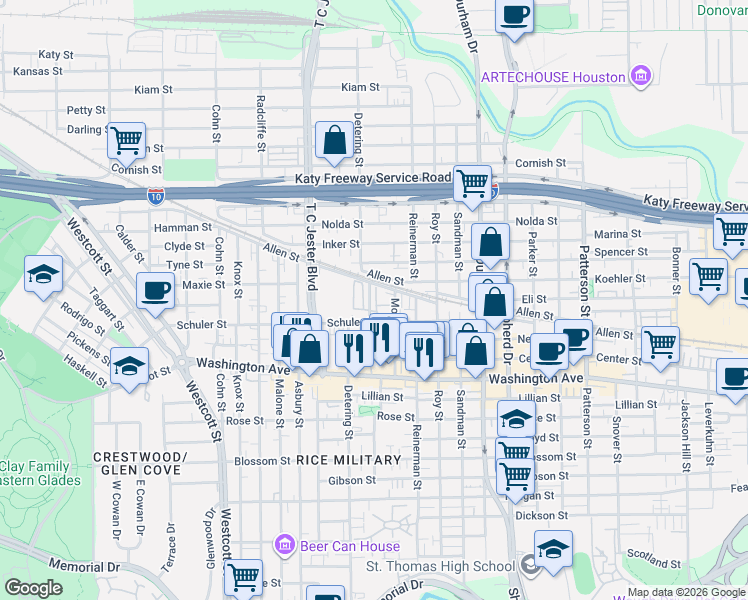 map of restaurants, bars, coffee shops, grocery stores, and more near 1392 Studer Street in Houston