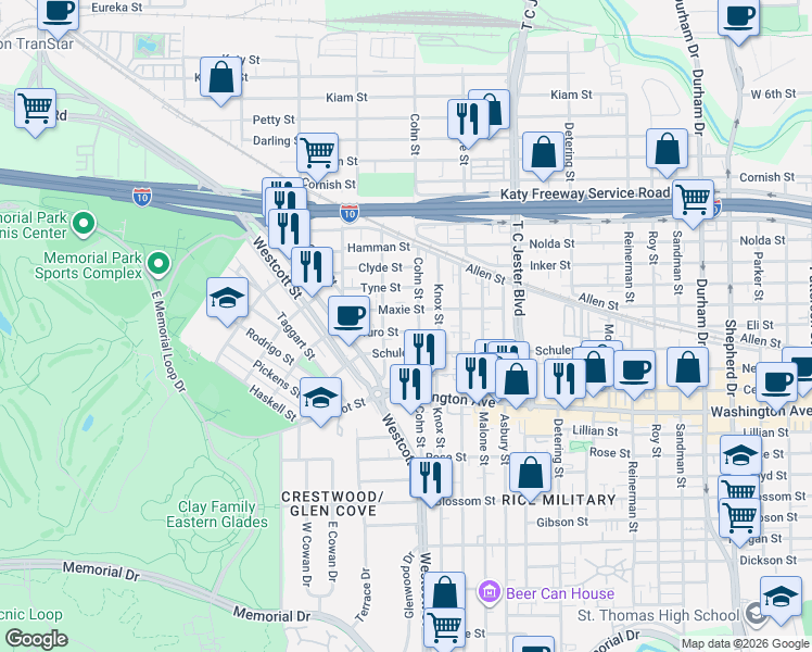 map of restaurants, bars, coffee shops, grocery stores, and more near 6012 Truro Street in Houston