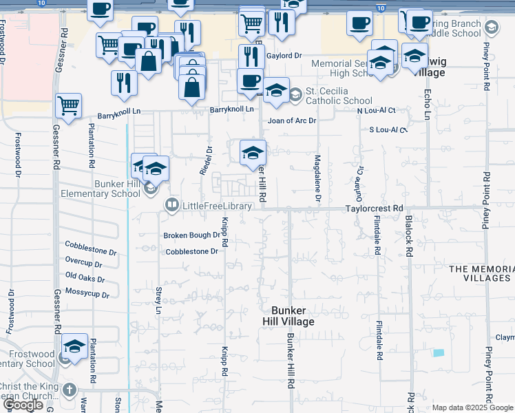 map of restaurants, bars, coffee shops, grocery stores, and more near 11802 Village Park Circle in Houston