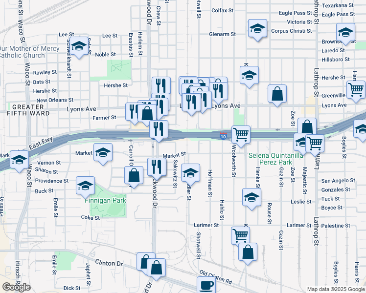 map of restaurants, bars, coffee shops, grocery stores, and more near 1414 Sakowitz Street in Houston