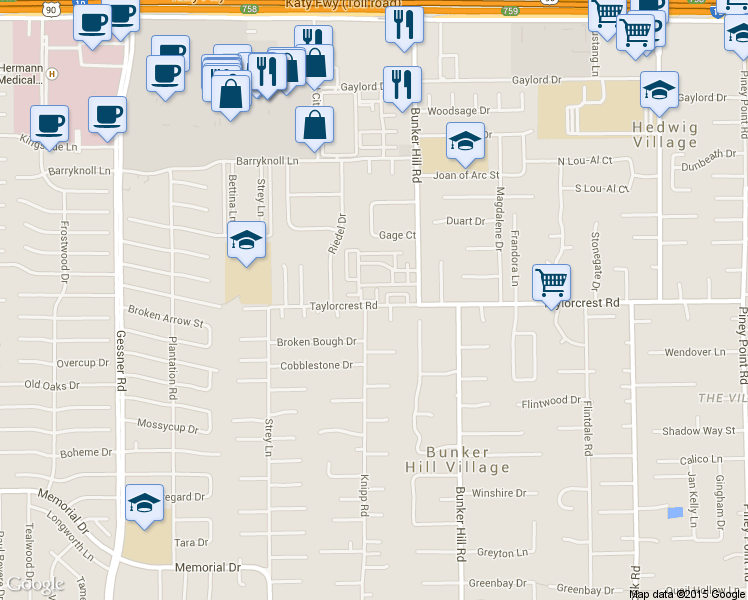 map of restaurants, bars, coffee shops, grocery stores, and more near 11842 Taylorcrest Road in Houston