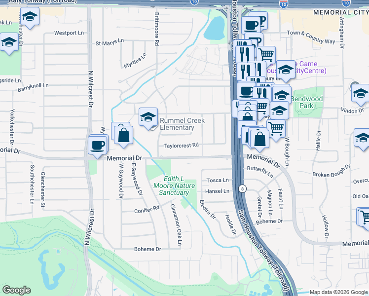 map of restaurants, bars, coffee shops, grocery stores, and more near 13031 Taylorcrest Road in Houston