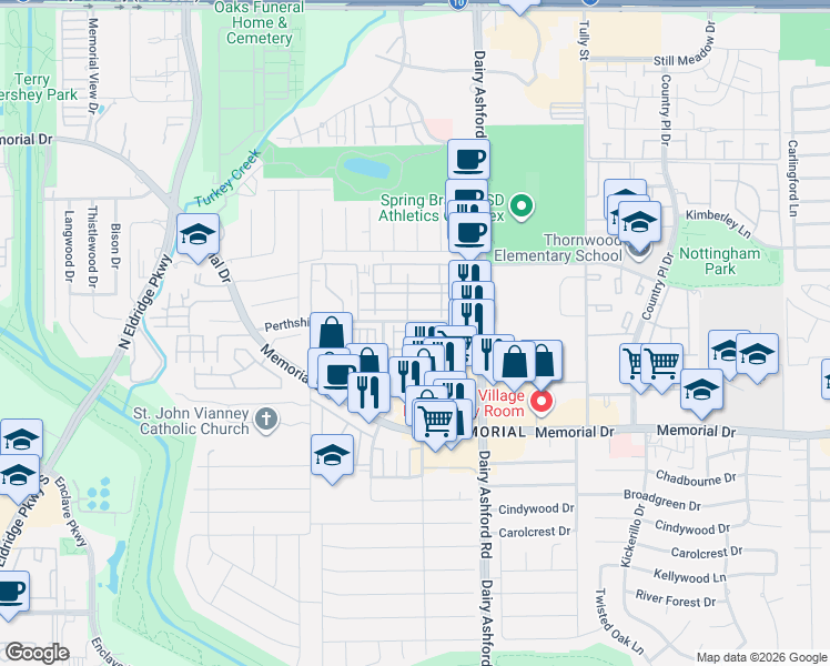 map of restaurants, bars, coffee shops, grocery stores, and more near 14739 Perthshire Road in Houston