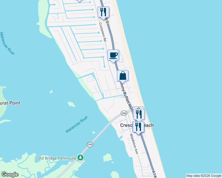 map of restaurants, bars, coffee shops, grocery stores, and more near 6573 Brevard Street in St. Augustine